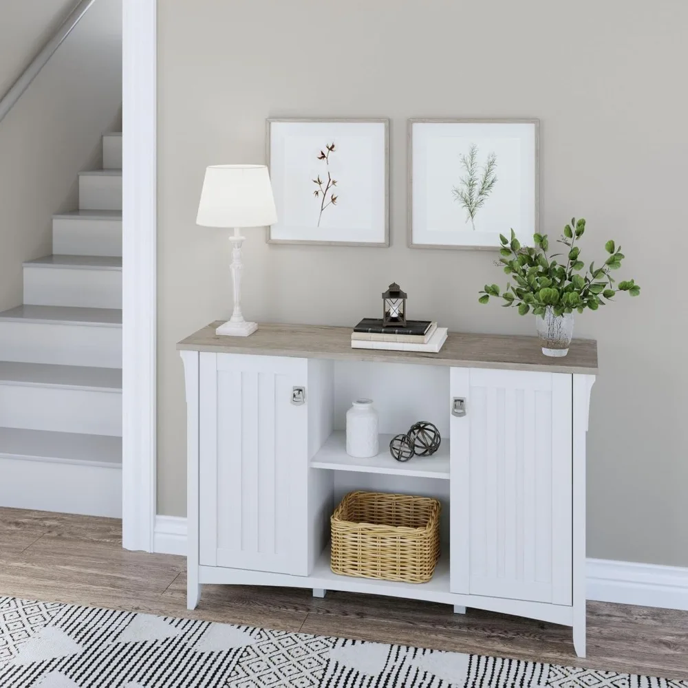 Arbusto Armário De Armazenamento Com Portas, Salinas Accent Armário De Armazenamento, Pure White e Console, Cinza