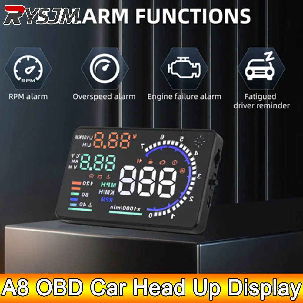 AD OBD A8 Car Head Up Display 5.5'' OBD2 HUD Digital Speedometer Tachometer Windshield Projector Speed Water Temp RPM Alarm