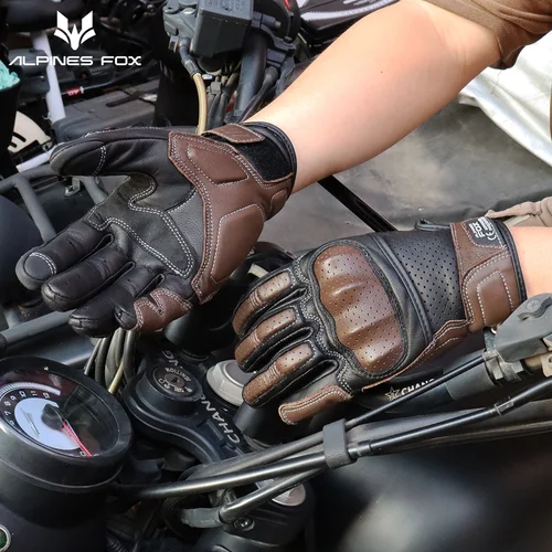Imagen 2 del producto Guantes de motocicleta Vintage de cuero genuino, guantes de carreras de carretera, engranajes de protección Retro para hombres, pantalla táctil aprobada por la CE