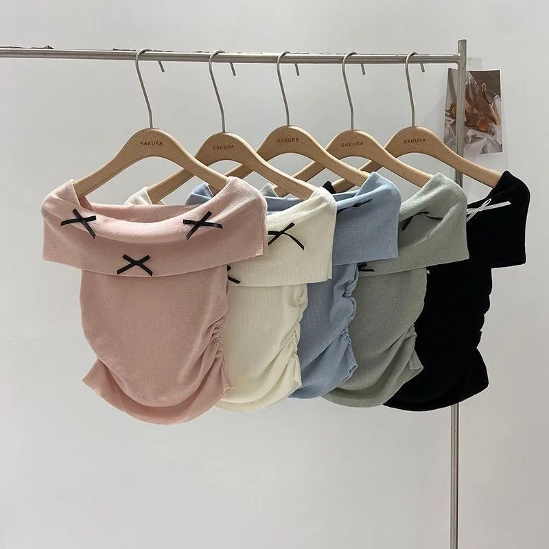 Japoลski styl 2000s Letnie nowe ubrania dla kobiet Ropa Crop Tops Bow T Shirt Korean Rock Camisetas T-Shirts YK2 Blusas