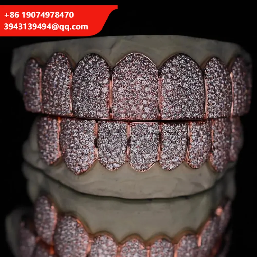 

Rose Gold Plated Mosaic Pave Set VVS Moissanite Perm Cut Grillz 925 Sterling Silver Pass Diamond Test Top 8 Gifts Engagements