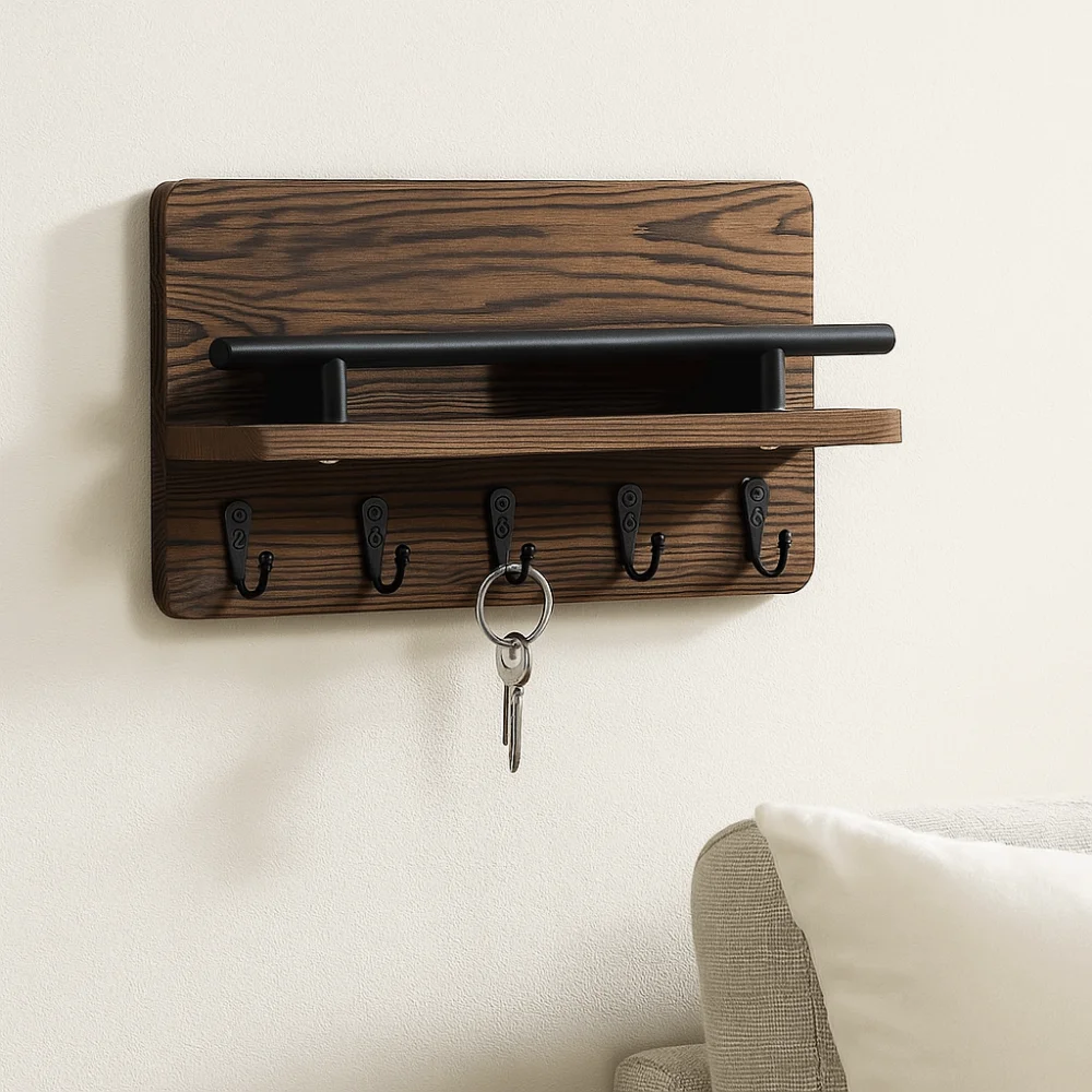 

Retro Wooden Key Holder Floating Shelf Wall Mounted Coat Hook Decorative Hook with 5 Hooks Clothes Storage Rack Home Decor