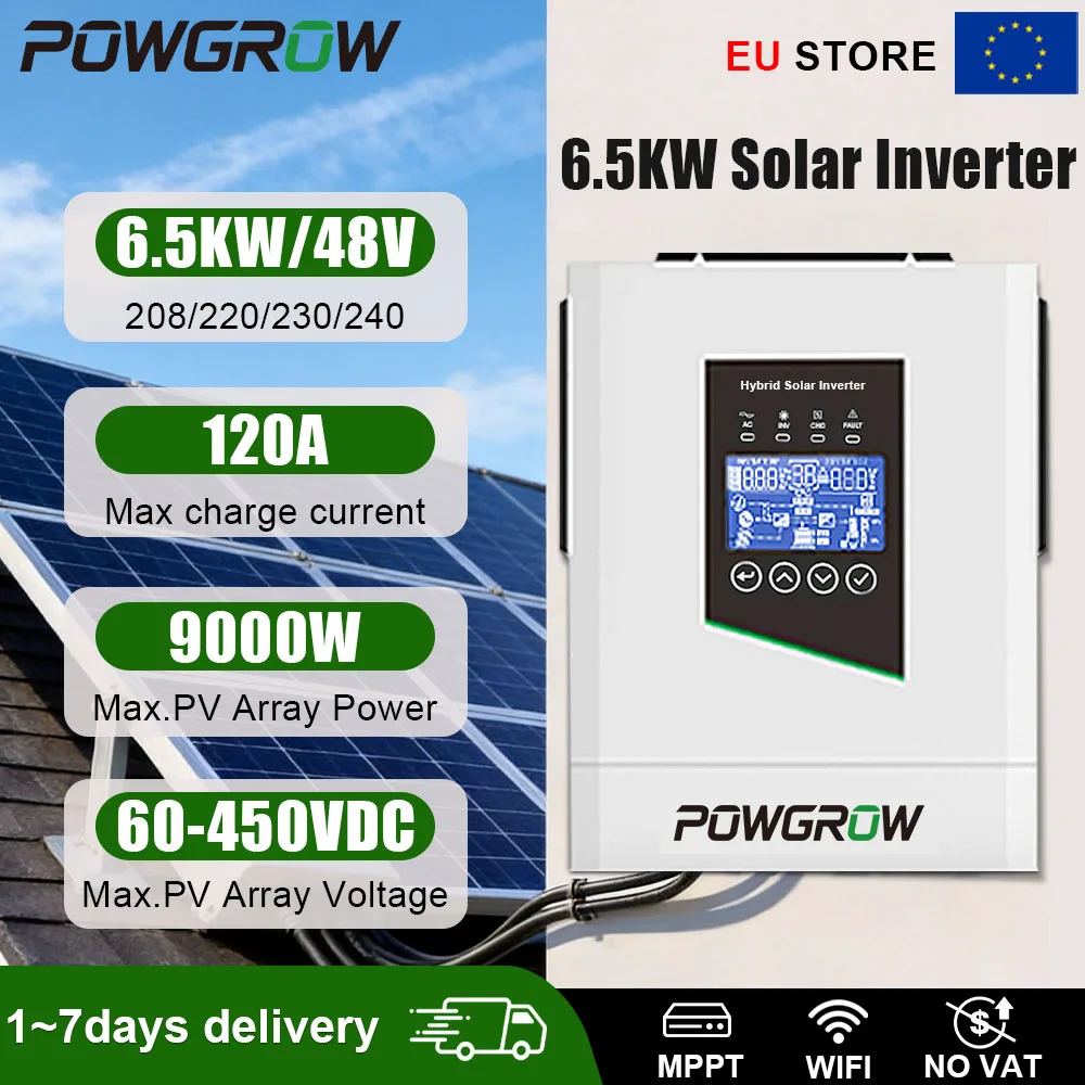 POWGROW 6,5KW Hybride Off-Grid Omvormer 48V MPPT 60-450VDC 9000W PV 120A Lader 12KW Piekstroom 10ms Schakelaar 94% Efficiëntie Werkzaam zonder batterij Thuisgebruik