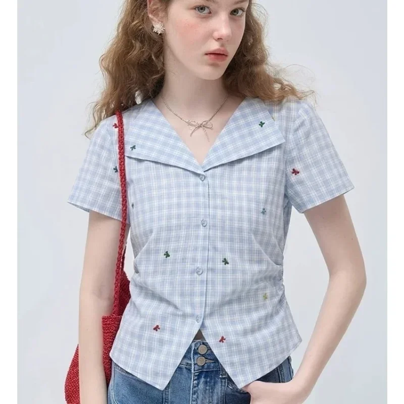 

Womens Sweet Plaid Shirt Summer Lapel V Neck Short Sleeve Slim Waist Fitted Shoulder Versatile Cropped Blouse