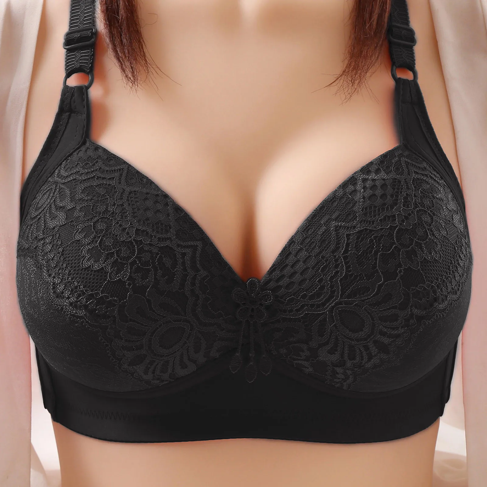 

Comfortable Breathable Gather Soild Color Bra No Steel Ring Push Up Women Bras Adjusted-straps Three Hook-and-eye Underwears