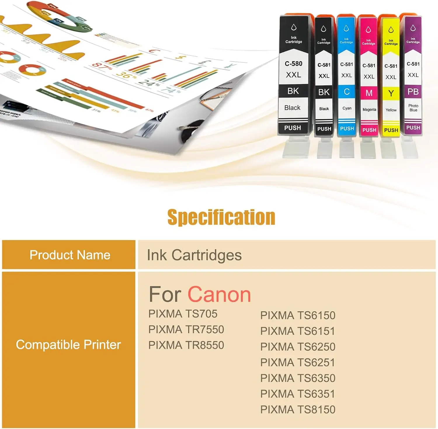 Compatible for Canon PGI-580XXL CLI-581XXL Ink Rechargeable Cartridges Work for Canon PIXMA TS705 TS6150 TS6250 Printer (6 Pack)