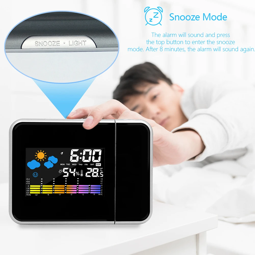 Smart Alarm Clock with Night Backlight Digital LED Projector Adjustable Projection Angle Desk Table Thermometer Hygrometer