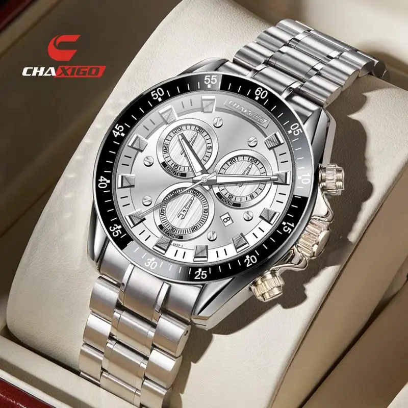 

CHAXIGO Fashion Decoration Three-Eyed Watch Wear Alloy Waterproof Temperament High Quartz Men's Watch 6600-3