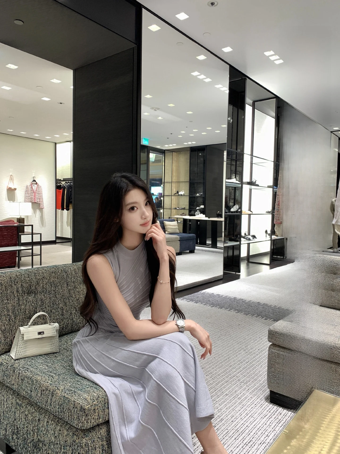 

OKMAOP Нежное фиолетовое вязаное платье-юбка для женщин, весенняя элегантная модель, приталенный крой, с завышенной талией, длинное