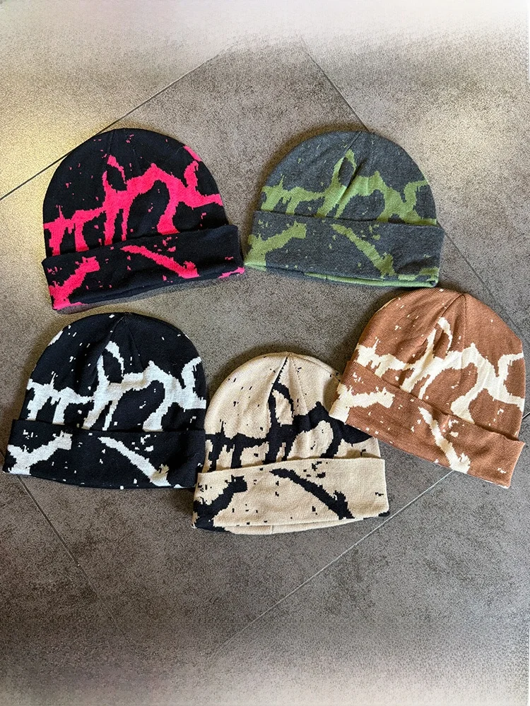Thick Cotton Knitted Hat Street Style Hip Hop Pattern Warm Cold Cap for Women Autumn Winter Unisex Breathable Knitwear