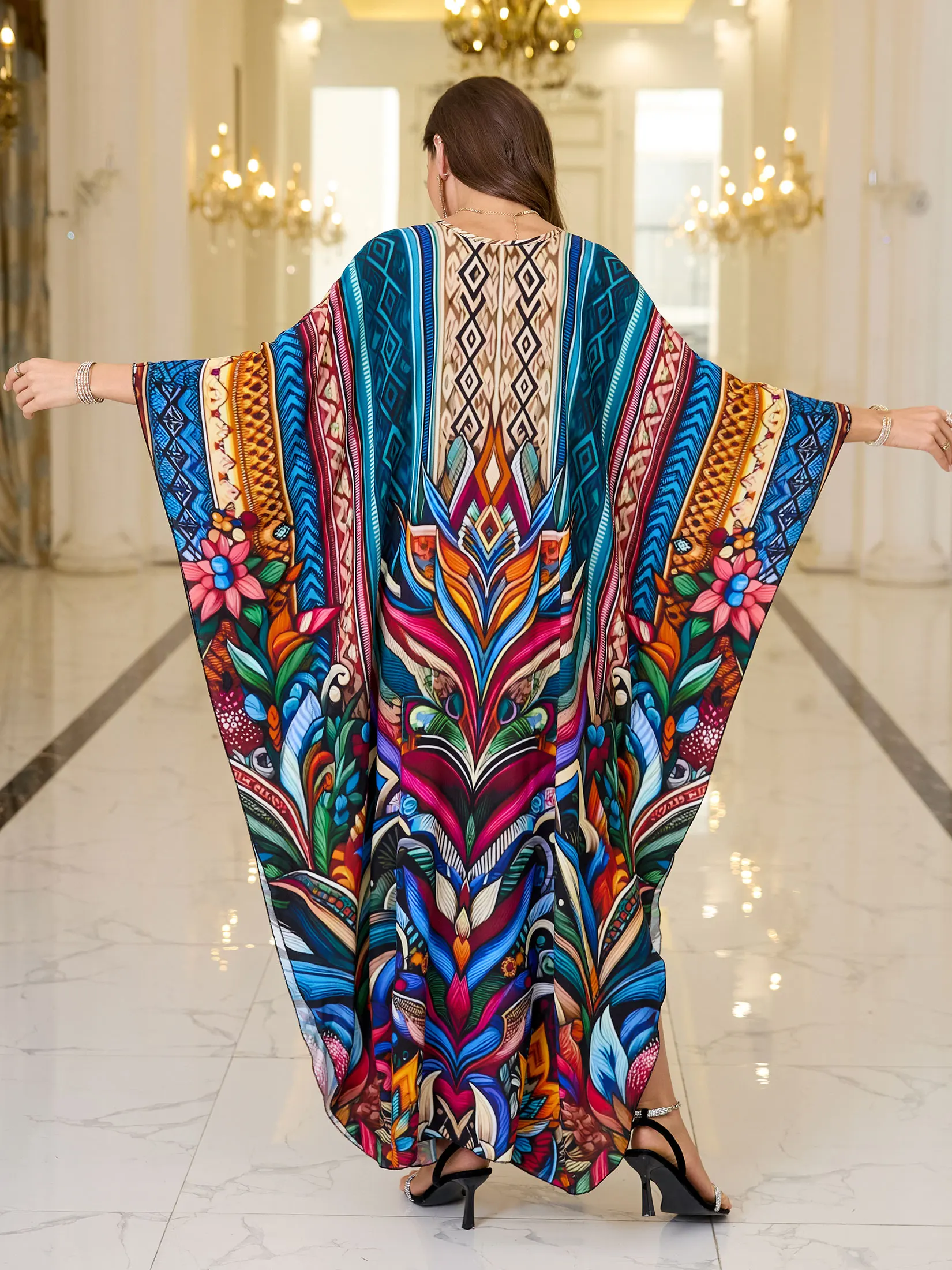 2024 Autumn Boho Printed Moroccan Kaftan Dress For Women Luxury Sexy V Neck Long Oversized Batwing Sleeves Maxi Dresse Q1755