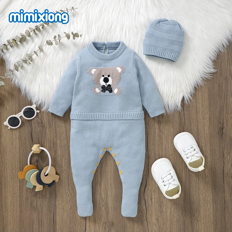 

2pcs/Set Infant Baby Rompers Hats Clothes Sets 0-18m Autumn Winter Newborn Boys Girls Jumpsuits Outfits Long Sleeve Knit Costume