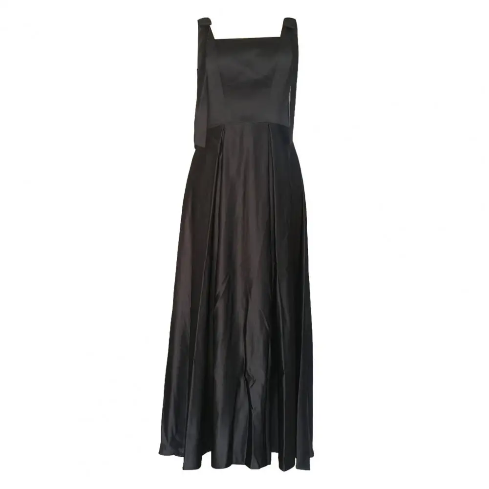 여성 민소매 탱크 드레스 솔리드 A라인 드레스 여름 새틴 레이스업 숄더 스트랩 보우 스퀘어 칼라 미디 로브 웨딩 드레스