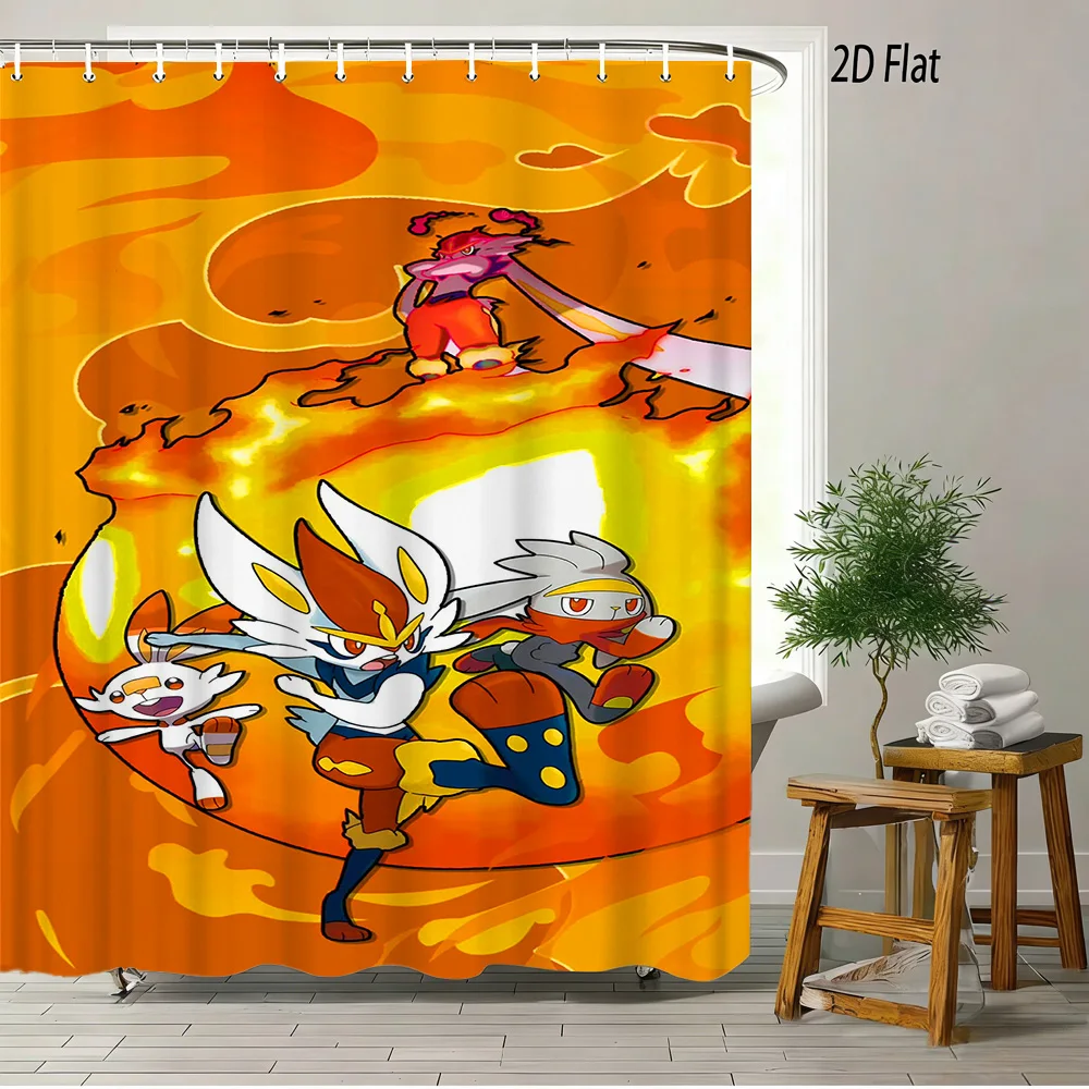 

2D Flat Pokemon Scorbunny Evolution Group Fire Orange Cartoon Bathroom Shower Curtain