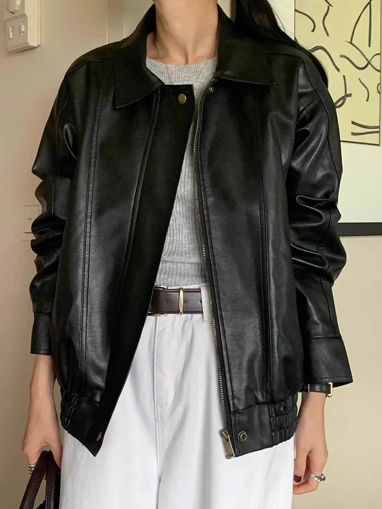 جاكيت نسائي من الجلد الصناعي بتصميم عتيق أنيق، فضفاض مع ياقة، ملابس خارجية قصيرة بأكمام طويلة وإغلاق بسحاب