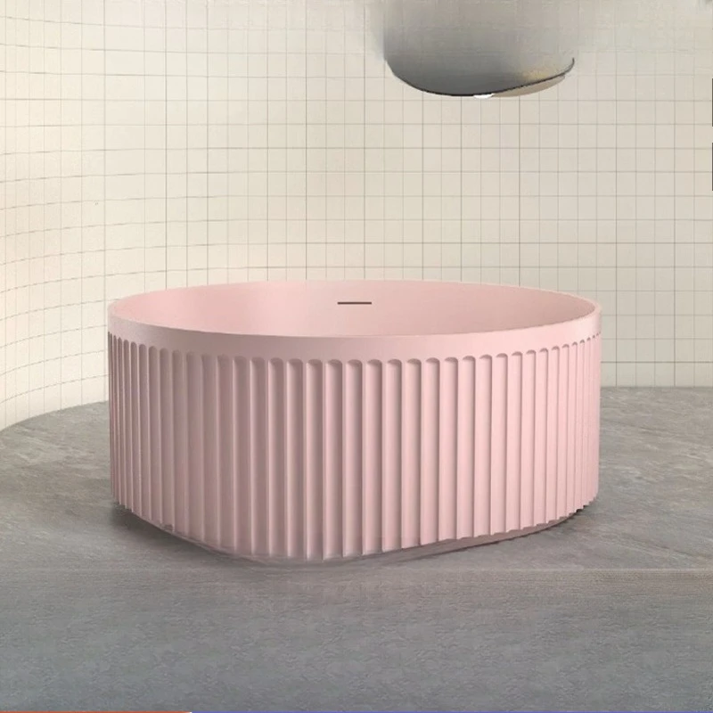 

Pink Artificial Stone Bathtub Freestanding Vertical Stripes Household Color