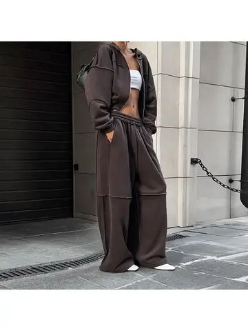 Yaminiya new Casual Tracksuit Women 2 Piece Set Reverse design Sporty Simple Hipster Hooded Zip Jacket+Wide Pants Matching Suits