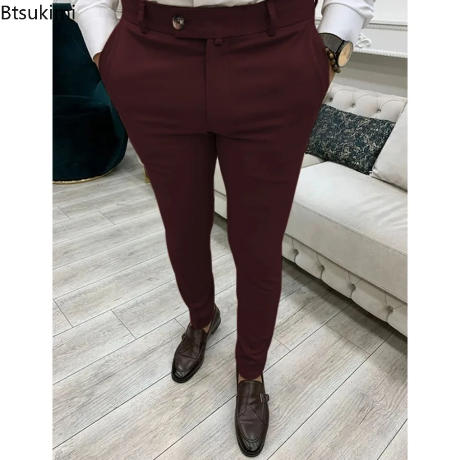 Calça casual monocromática masculina, calça formal de negócios, simples, versátil, lápis de cintura alta, quatro temporadas, tendência, 2024