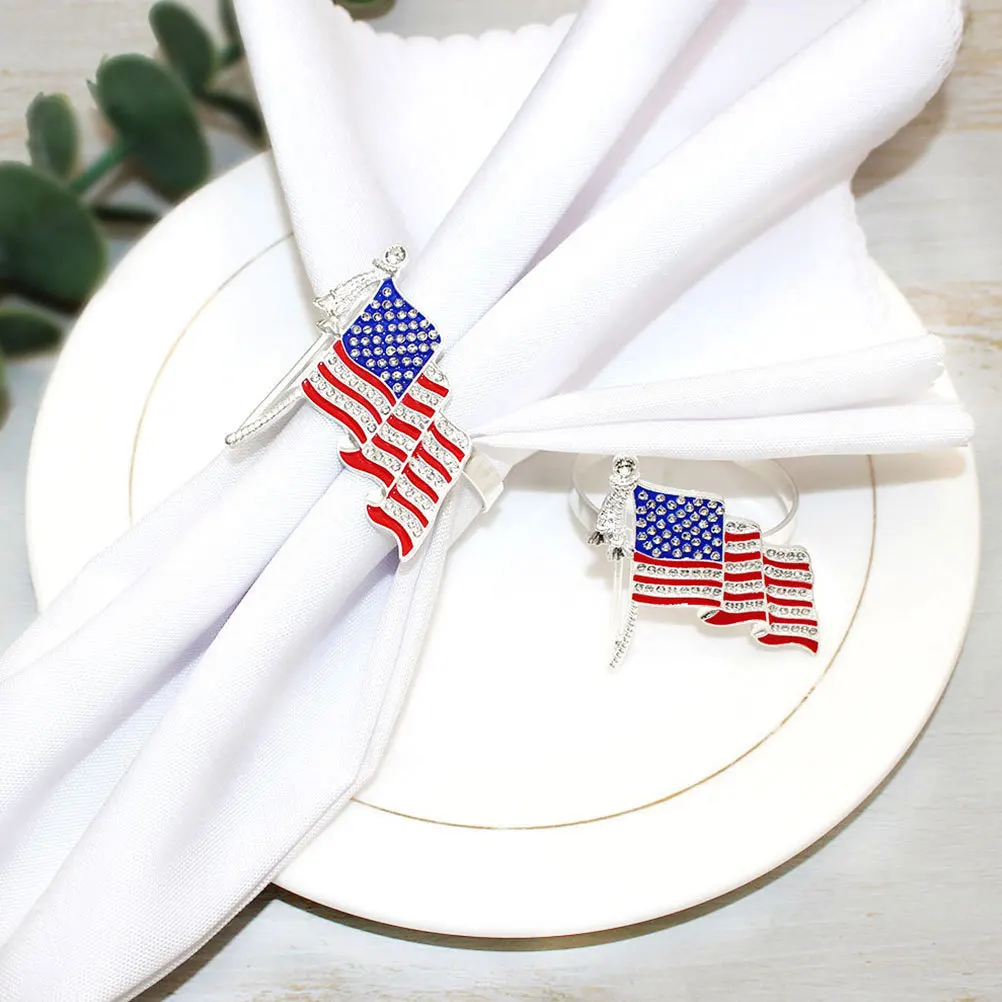 

6pcs Patriotic American Flag Napkin Rings Serviette Holders Independence Day Table Decorations Rhinestone Zinc Alloy Wedding