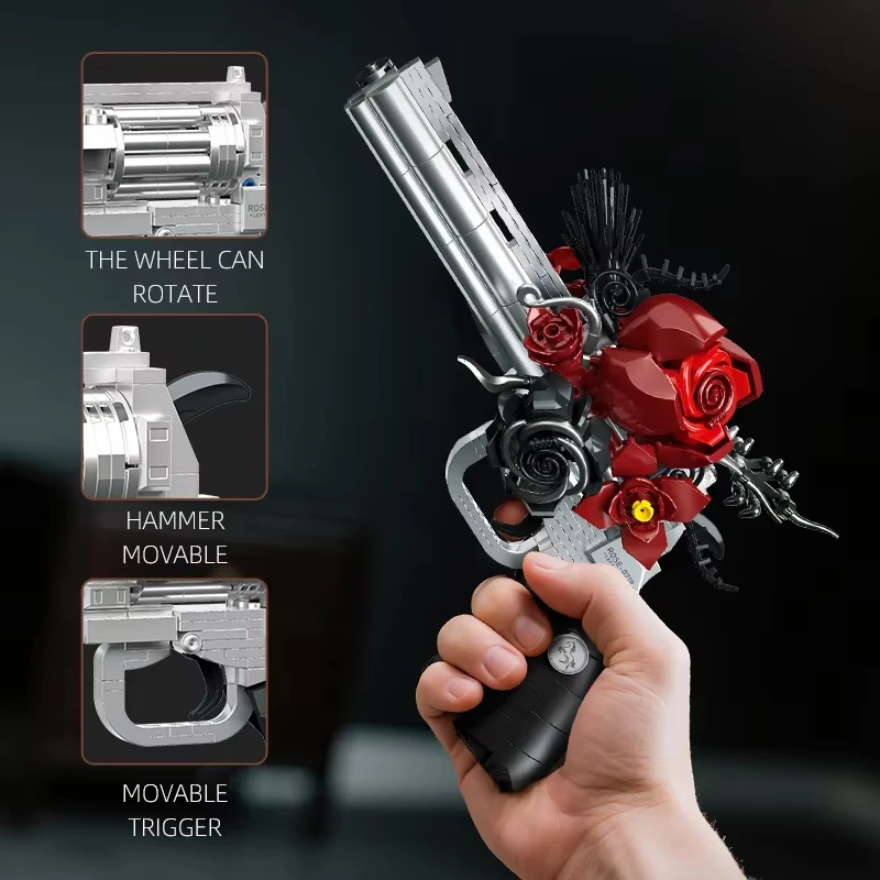 

New Technical Mechnical Rose Revolver Pistol Gun Building Blocks Military Red Flower Hand Gun Assemble Desktop Ornament Toy Gift