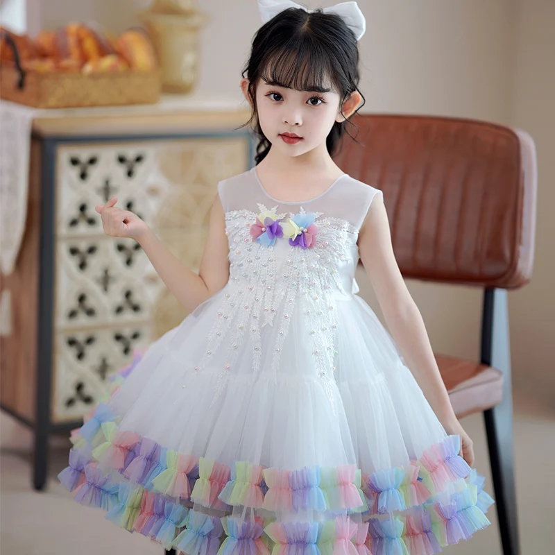 Girls sleeveless princess skirt mesh gauze pompous short style jumpsuit bow daily seaside holiday 8189