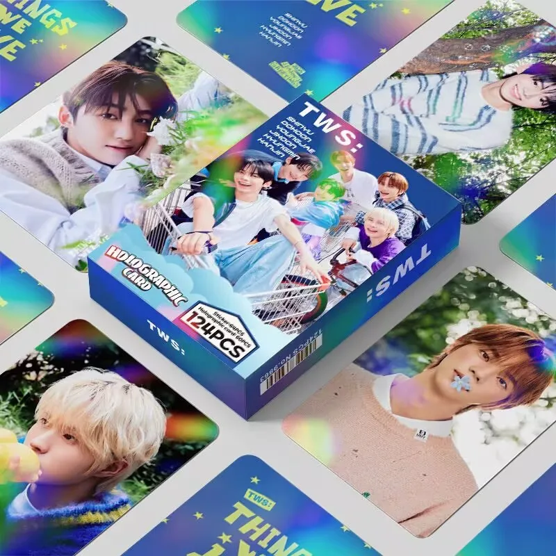 124-piece laser card set featuring Korean boy band TWS (Taiwanese pop music) shimmering photos, perfect for Instagram, interior