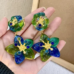 women fashion style earrings silver needle retro gradient crystal glass starfish exaggerated flower earrings