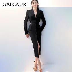 GALCAUR Solid Hollow Out  Blazers For Women Notched Collar Long Sleeve Single Breasted Patchwork Belt Slim Blazer Female Style