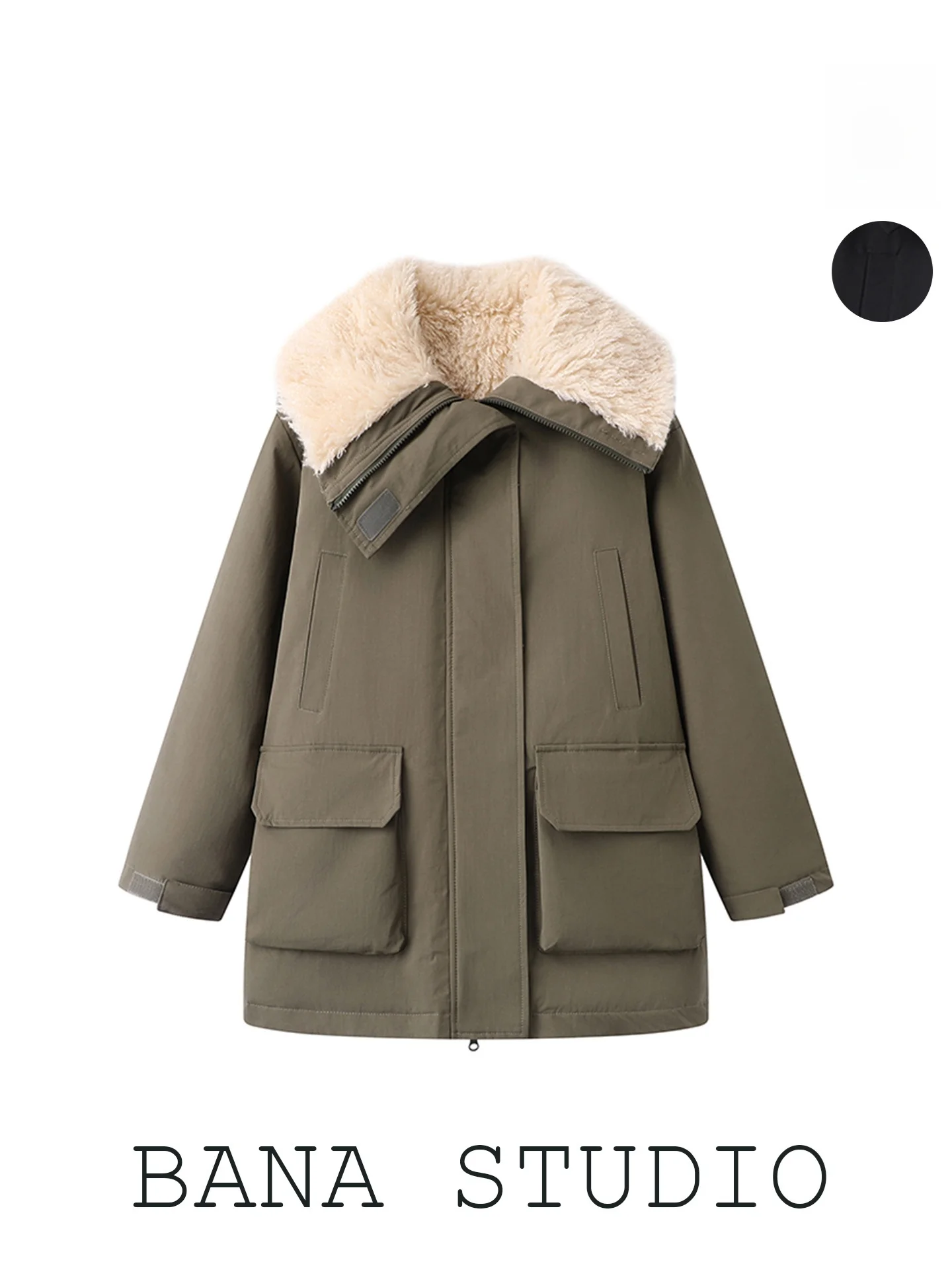 

Женская утепленная хлопковая парка BANA с мехом и кожаными вставками, длинная, с V-образным вырезом, на одной пуговице, зимняя верхняя одежда