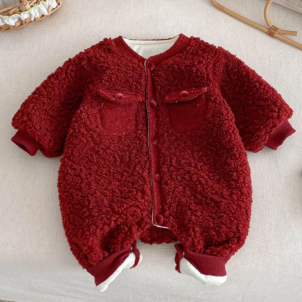 

Рождественский комбинезон для маленьких девочек, утепленный флисовый теплый зимний эксклюзивная одежда для младенцев, однотонный комбинезон для маленьких девочек на китайский Новый год