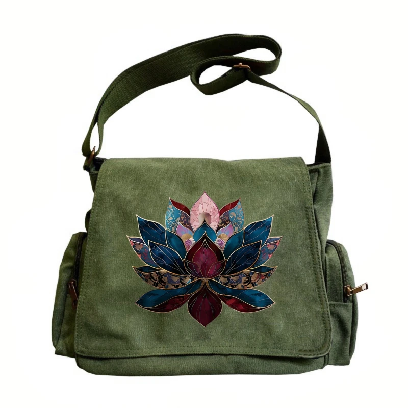 

Vintage Women's Shoulder Bag Canvas Lotus Print Large Capacity Crossbody Bag for Travel Messenger Bag