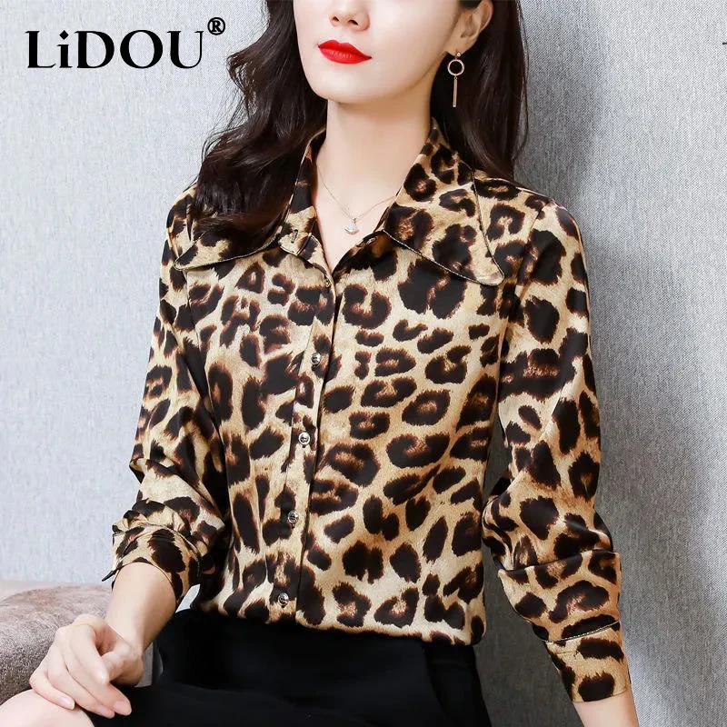 Spring Summer Vintage Leopard Print Casual Fashion Blouse Lady Long Sleeve Top Loose All-match Streetwear Cardigan Shirt Women