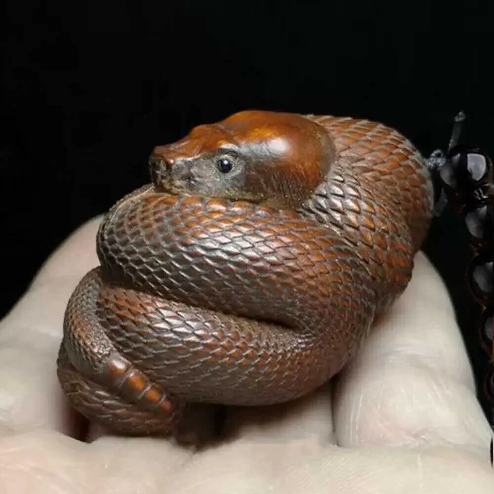 2.4 Inch Chinese Boxwood Hand Carved Snake Figure Statue Netsuke Gift Collection
