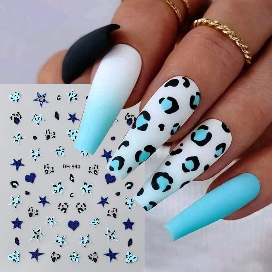 5 pcs Brown Leopard Print Nail Stickers Blue Pink Leopard Stars Self-Adhesive Sliders for Nails Leopard Heart Y2K Nail Art Decor