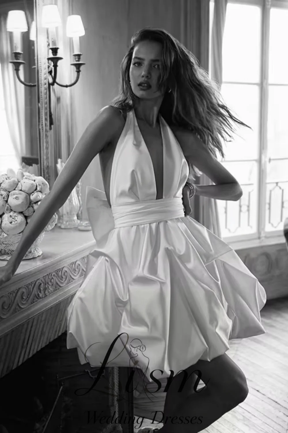 Lism Graceful A-Line Mini Wedding Dresses Halter Neck Backless Short Bridal Dress Women Evening Wedding Prom Gowns Customized