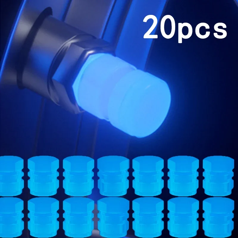 Mini Luminous Car Tire Valve Caps Fluorescent Blue Night Glowing Tire Valve Caps for Car Motorcycle Car Accessories 4/8/16/20pcs