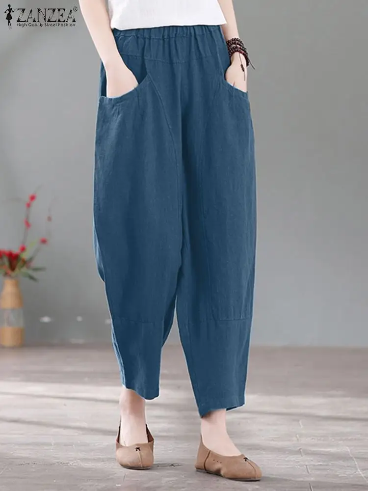 ZANZEA Summer Vintage Solid Pants Women Casual Elastic Waist Trousers Loose Harem Pant Female Work Palazzo Pantalon Oversize