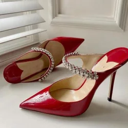 Red Patent Leather Crystal Strap High Heels Mules Shoes Pointed Toe Cutouts Thin Heels Shallow Women Celebrating Bride Shoes