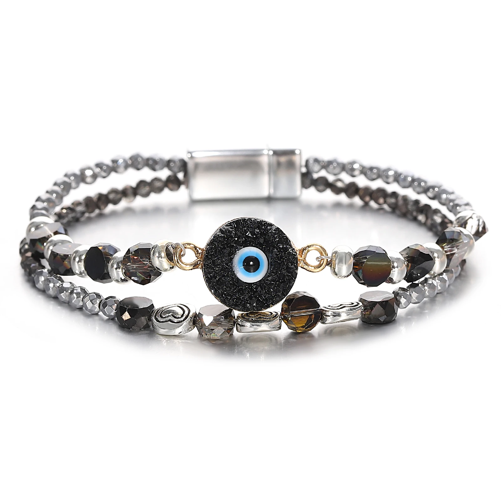 ALLYES Boho Evil Eye Bracelet for Women Men Trendy Metal Heart Handmade Colorful Beaded Doublelayer Bracelets Jewelry Gifts