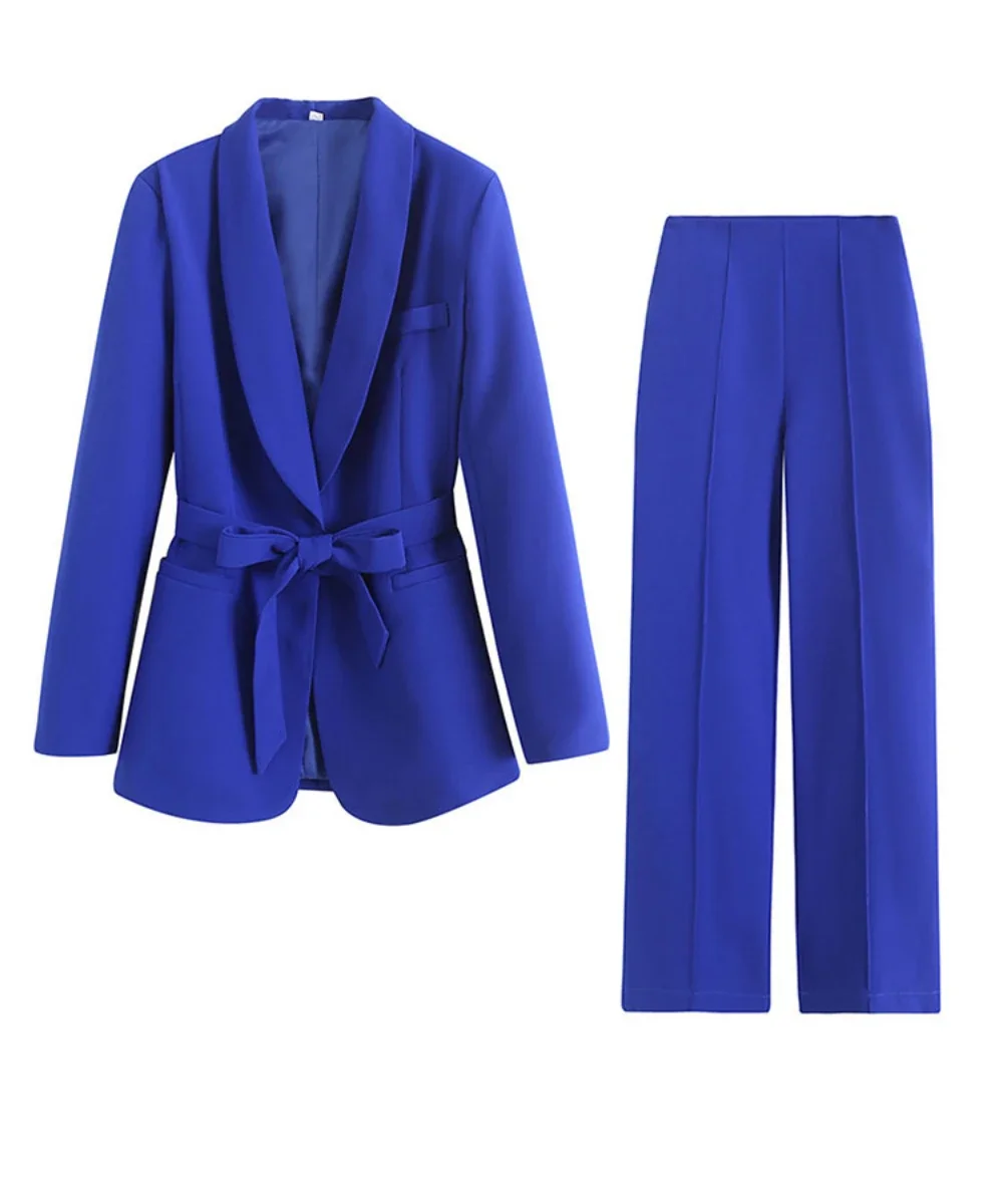 New Fashion 2 Pieces Sets Suit for Women Autumn Elegant Office Wear Casual Blazer Coats with Belt and High Waist Pant Suits