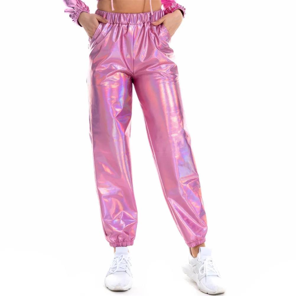 Chic Metallic Shimmer Leggings Women High Waist Stretchy Yoga Pants for Sports Walking Disco Club Wear 80S Themed Outfit Cowgirl