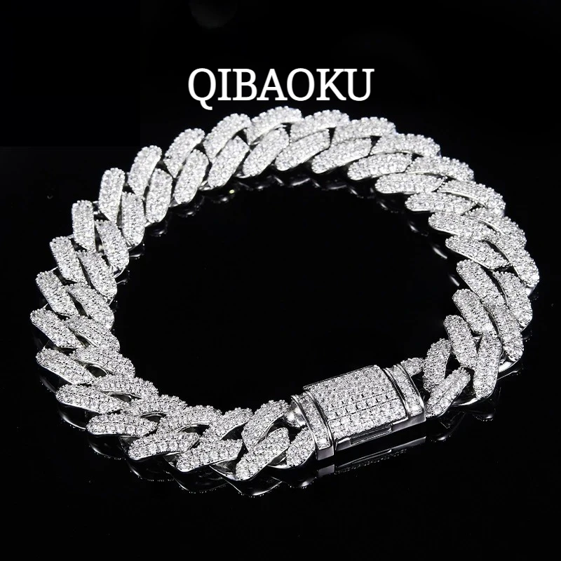 QIBAOKU All Moissanite Cuban Hip Hop Bracelet for Men 6mm 8mm Full Diamond with GRA 925 Sterling Silver Teen Girls Chain