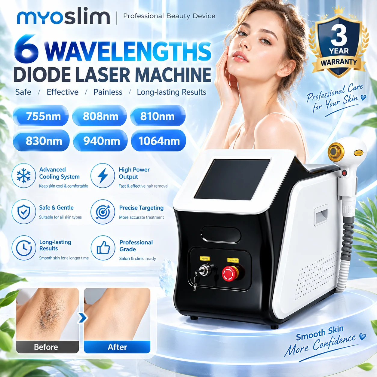 755 810 1064nm 3-Wave Diode Laser Device, Portable High Power Handpiece, Painless Permanent Hair Removal Beauty Equipment
