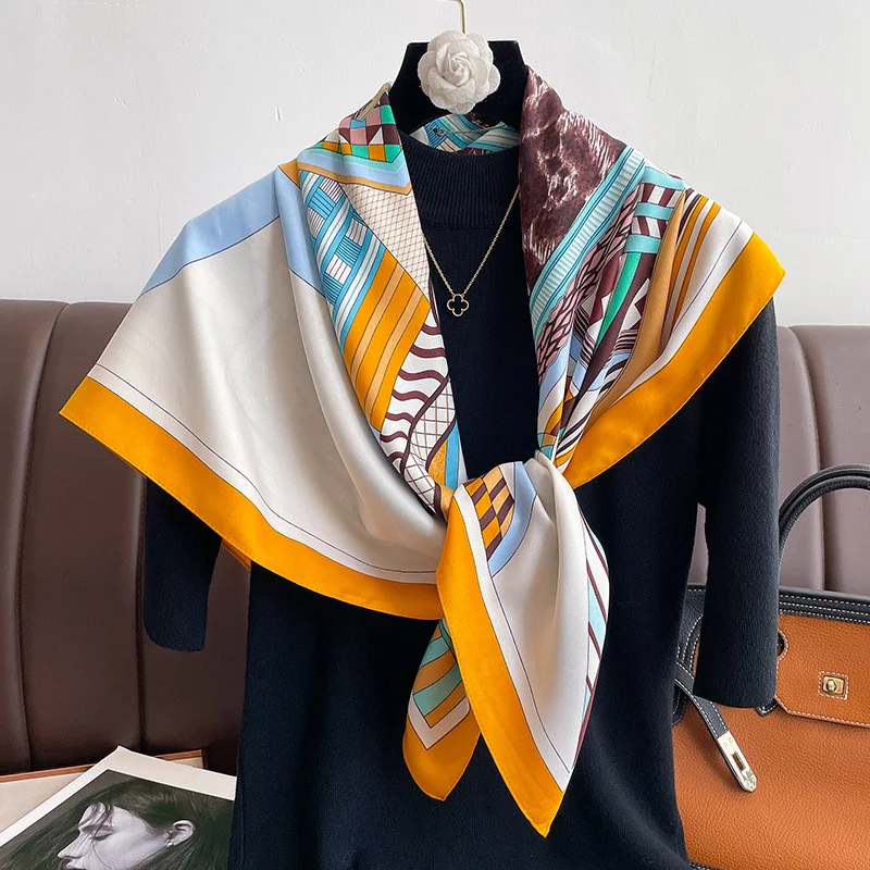 Brand Twill Silk Scarf Women Luxury Shawl Wrap 90cm Square Headband Print Neck Tie Female Hijab Satin Echarpe 2024 Bandana