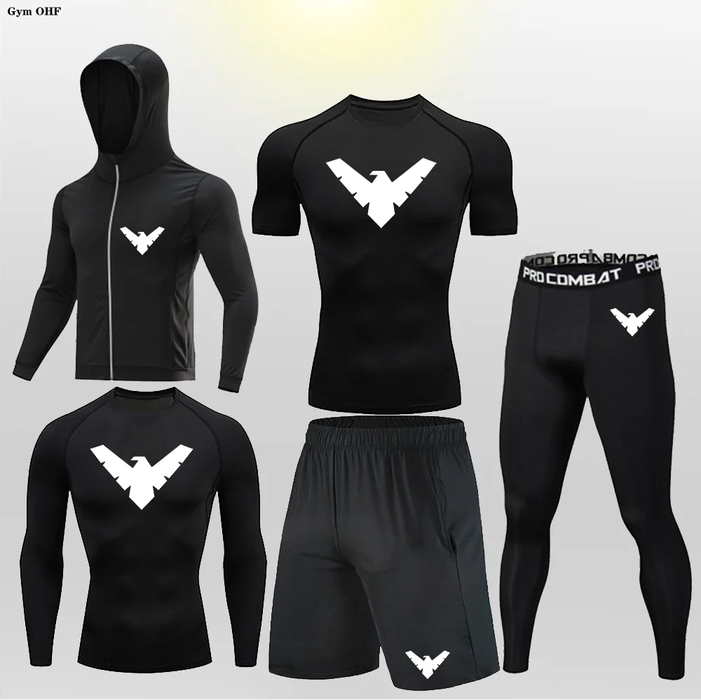 Nightwing Men Tracksuit T Shirts+Pants Suit Mens Long Sleeve Shirt Compression Sets Fitness Bodybuilding MMA Rashguard Sportsuit