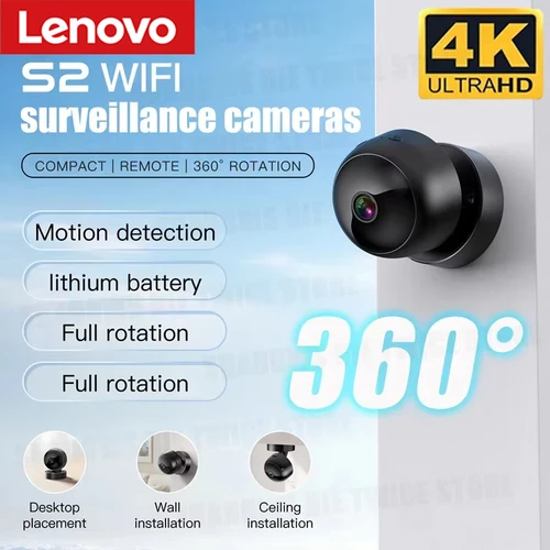 Cámara de Seguridad Inalámbrica Lenovo 360 ° Monitor Remoto Interior/Exterior con Visión Nocturna, Detección de Movimiento, WiFi HD 4K y Vista Panorámica Completa