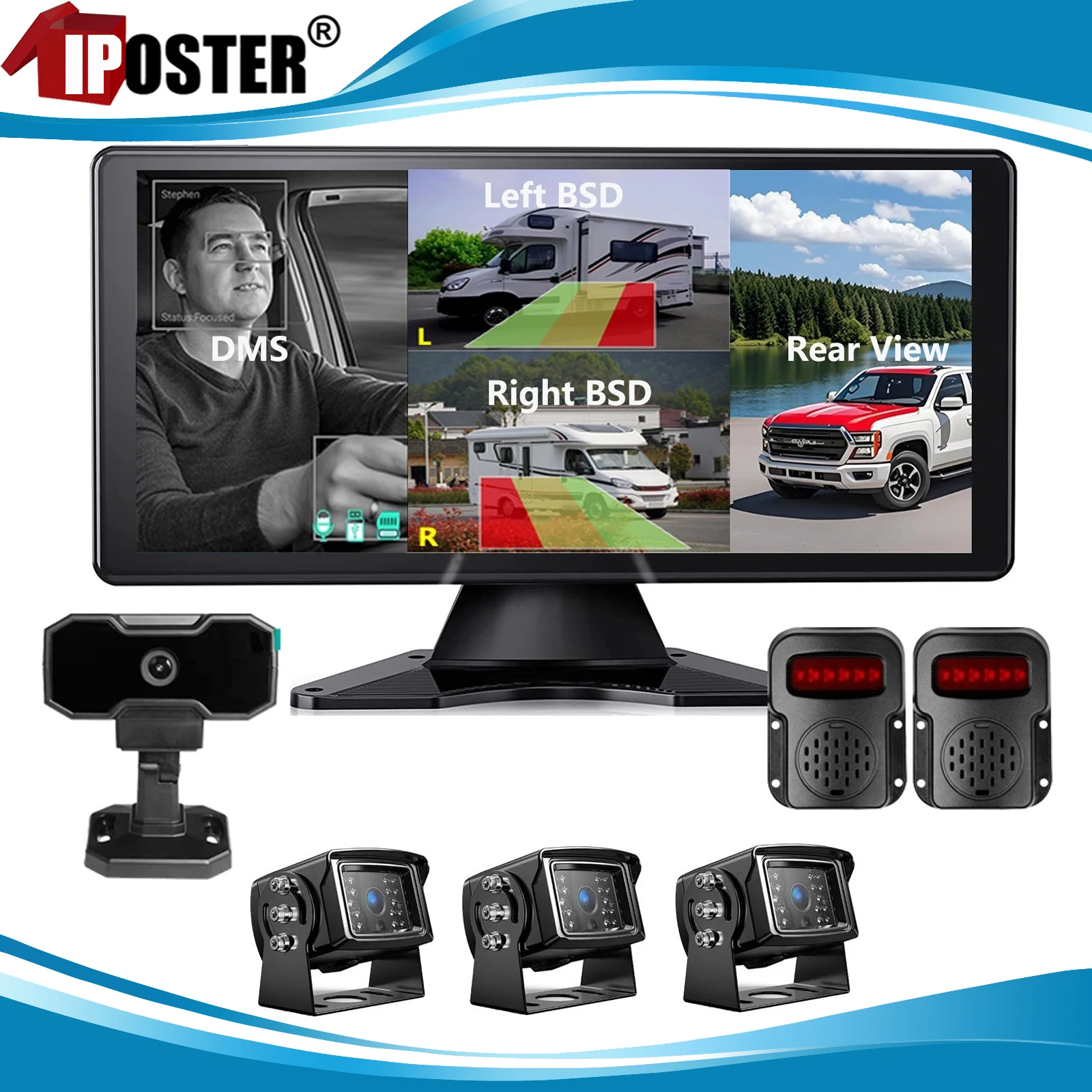 

iPoster 10.36" DVR Split Monitor BSD AI Detection/DMS Alarm System + 4x 4PIN Backup Camera + 1/2x Sound Light Alarm For Truck RV