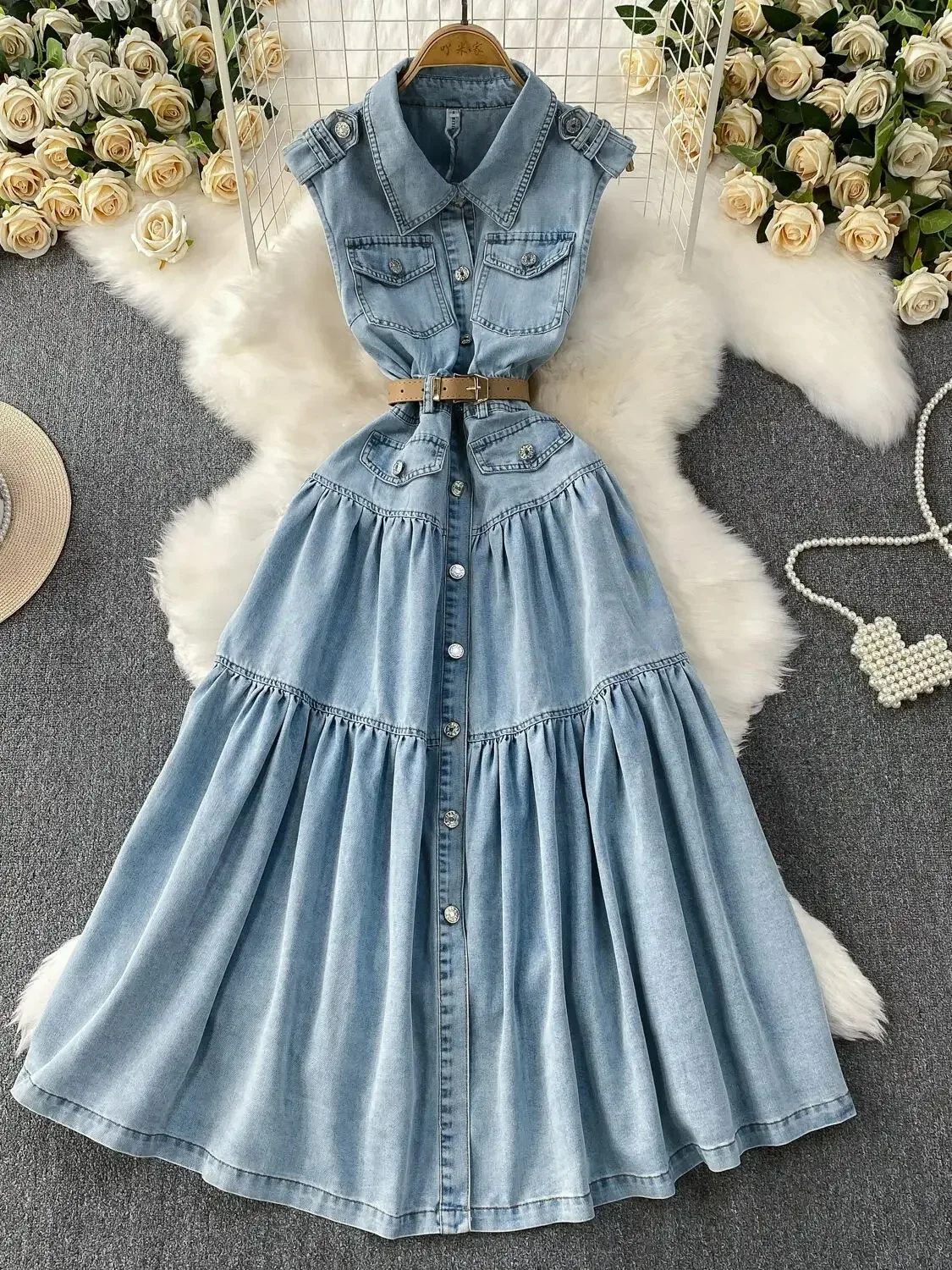 

Women's Blue Denim Midi Dress - Sleeveless Polo Collar, Elegant Belted Summer Dress