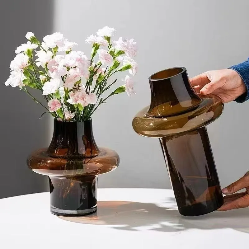 Amber Flower Vase Art Glass Vase Table Ornament Living Room Wet Dry Flowers Arrangement Device Home Decoration