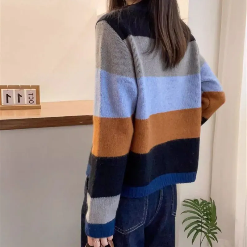 Vintage Contrasting Colors Cardigan Female Clothing Striped Loose Autumn Winter Casual O-Neck Single-breasted Knitted Sweaters